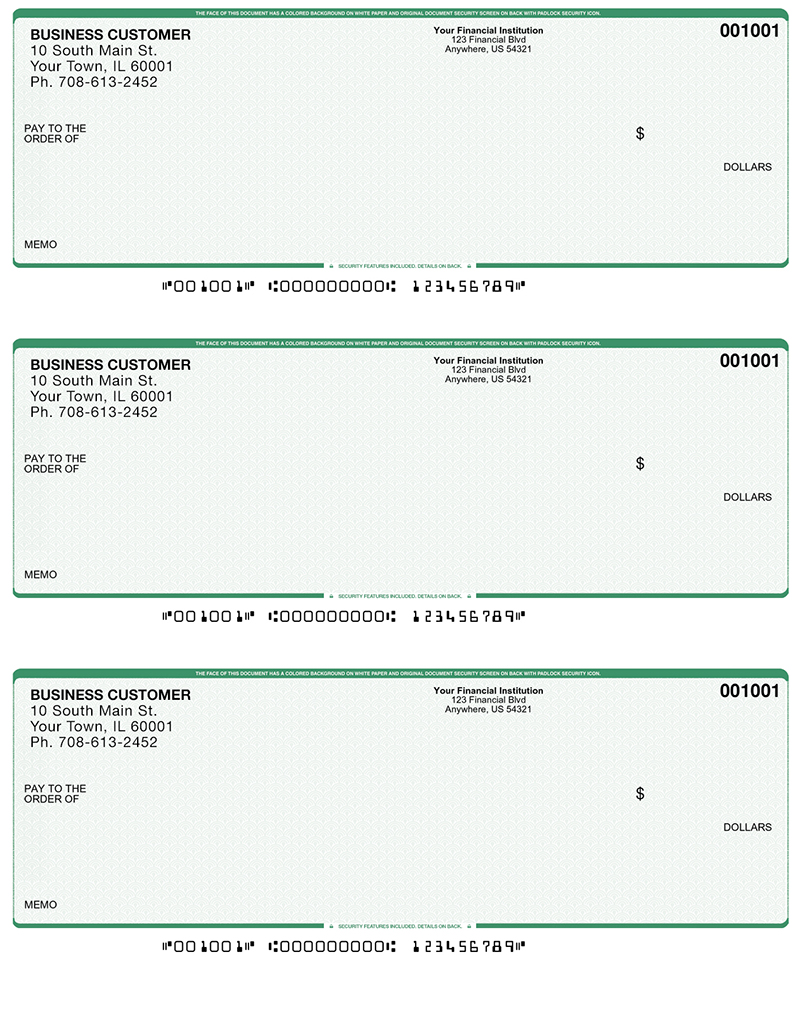Green Safety Business Laser / Inkjet Checks - 3 To A Page