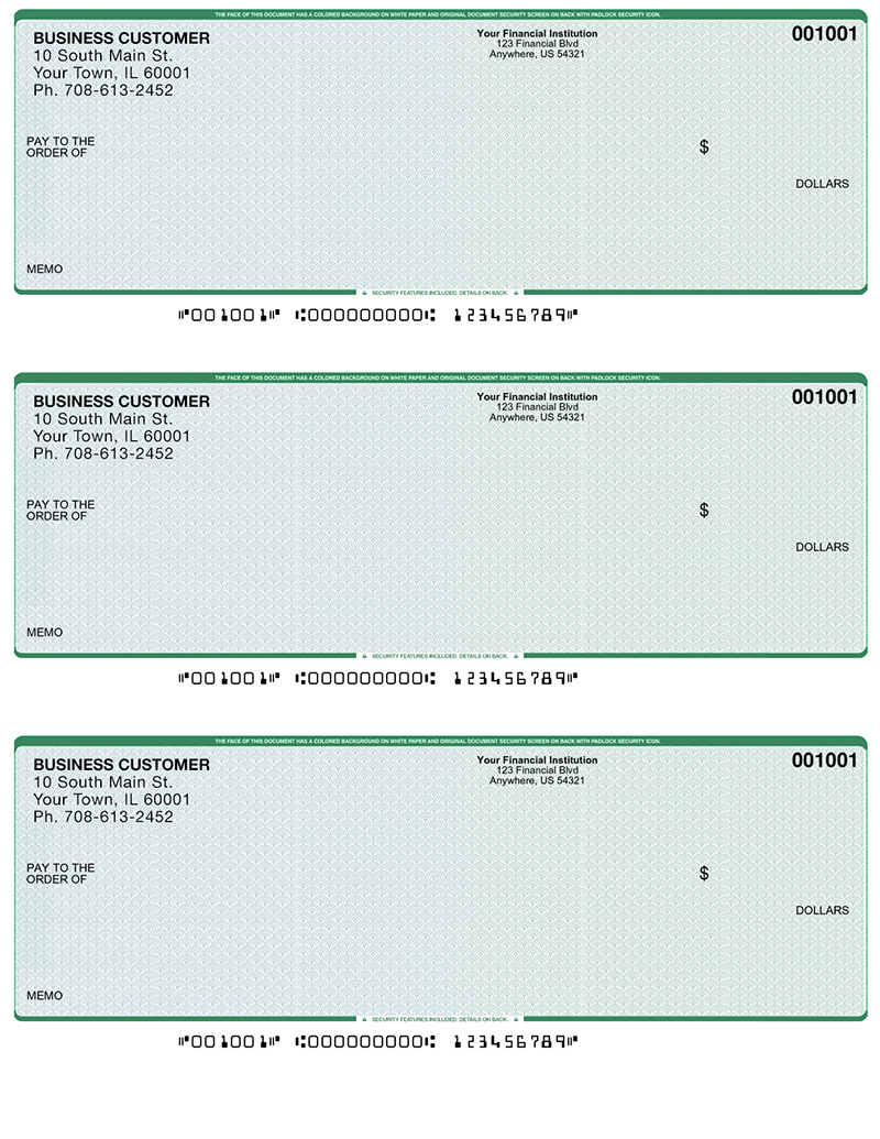 Blue Green Business Laser / Inkjet Checks - 3 To A Page